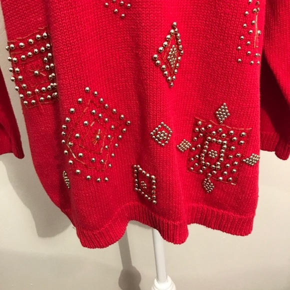 Vintage Victoria Jones Red Gold Beaded Sweater Large - Picture 7 of 8